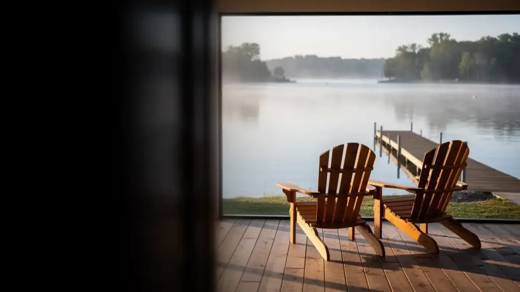 Two Adirondack chairs on a swept porch looking out at a misty lake and a wooden dock