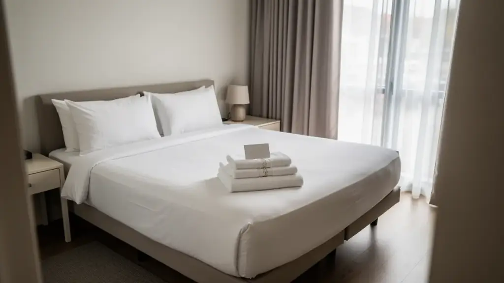 Guest bedroom reset with crisp white linen, squared pillows and a folded towel set on the bed