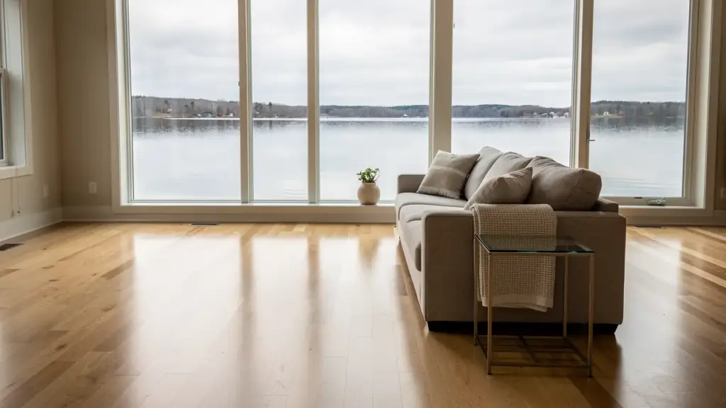Lake house living room with a wall of windows onto a calm lake and a freshly mopped oak floor