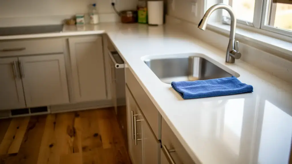 Wiped white kitchen counters with a folded blue microfiber cloth beside a clean stainless sink